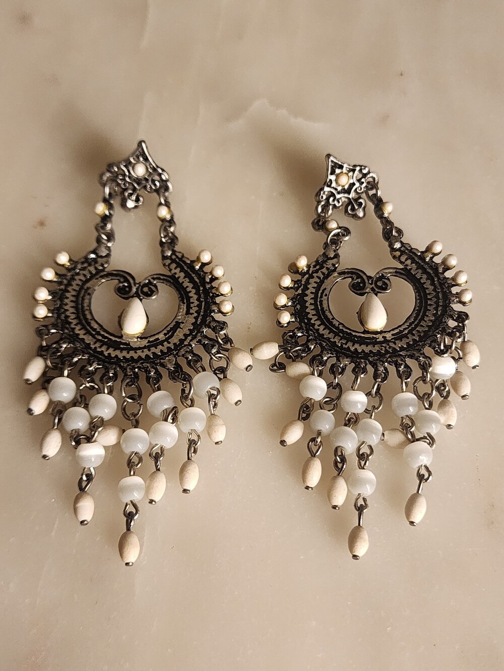Filigree Chandelier Drop Earrings with White Bead Accents